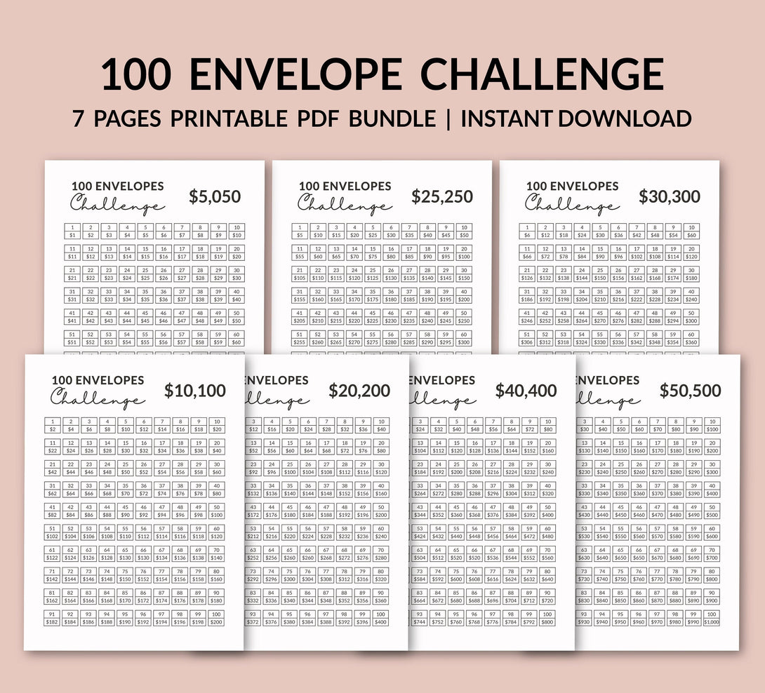 100 Envelope Challenge Bundle l Money Saving Challenge Tracker, Save up to 50000 Dollar Printable PDF, Minimalist Tracker - Instant Download - Visley Printables
