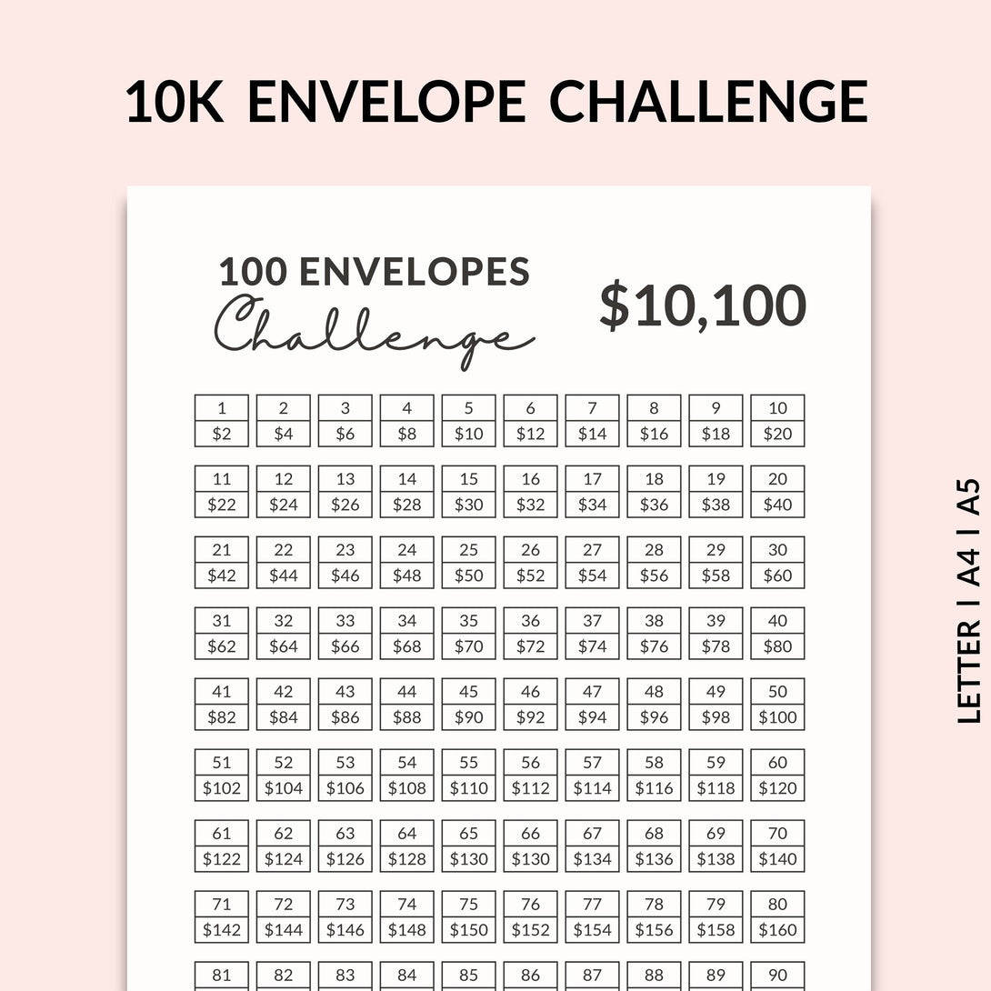 100 ENVELOPE CHALLENGE l 10K Saving Challenge Tracker, Save 10000 Dollar Printable PDF, Minimalist Money Tracker - Instant Download - Visley Printables