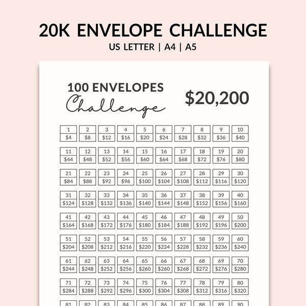 100 ENVELOPE CHALLENGE l 20K Saving Challenge Tracker, Save 20000 Dollar Printable PDF, Minimalist Money Tracker - Instant Download - Visley Printables