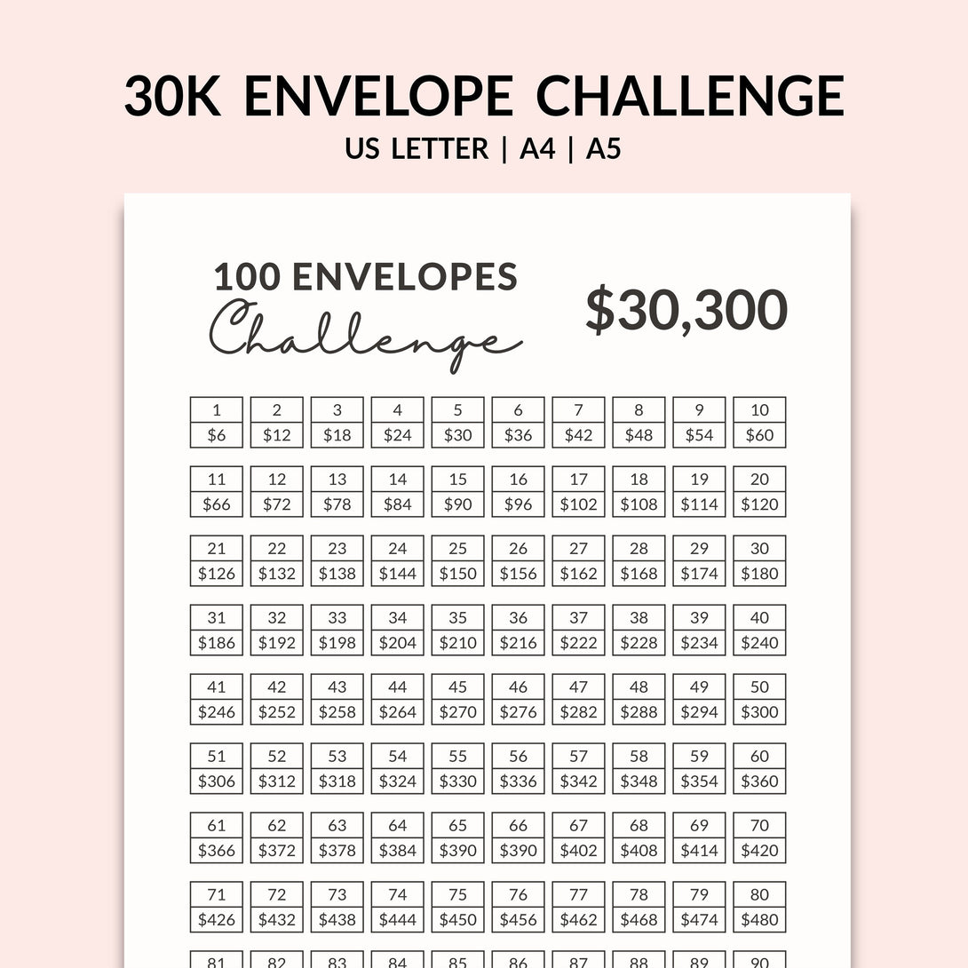 100 ENVELOPE CHALLENGE l 30K Saving Challenge Tracker, Save 30000 Dollar Printable PDF, Minimalist Money Tracker - Instant Download - Visley Printables