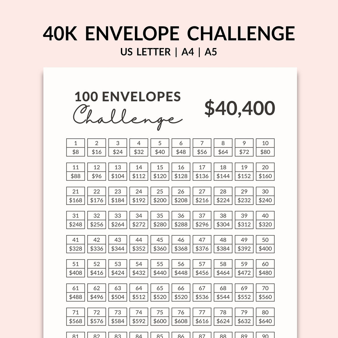 100 ENVELOPE CHALLENGE l 40K Saving Challenge Tracker, Save 40000 Dollar Printable PDF, Minimalist Money Tracker - Instant Download - Visley Printables