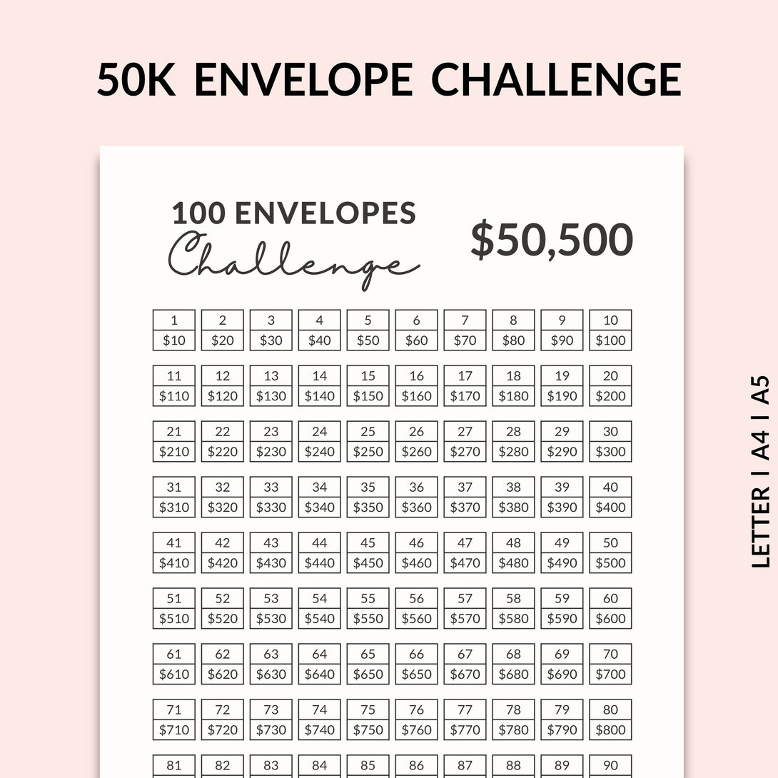 100 ENVELOPE CHALLENGE l 50K Saving Challenge Tracker, Save 50000 Dollar Printable PDF, Minimalist Money Tracker - Instant Download - Visley Printables