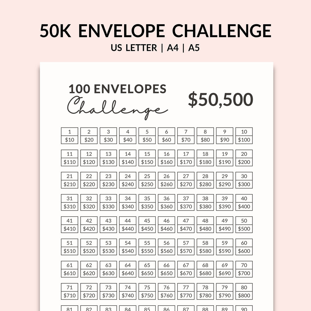 100 ENVELOPE CHALLENGE l 50K Saving Challenge Tracker, Save 50000 Dollar Printable PDF, Minimalist Money Tracker - Instant Download - Visley Printables