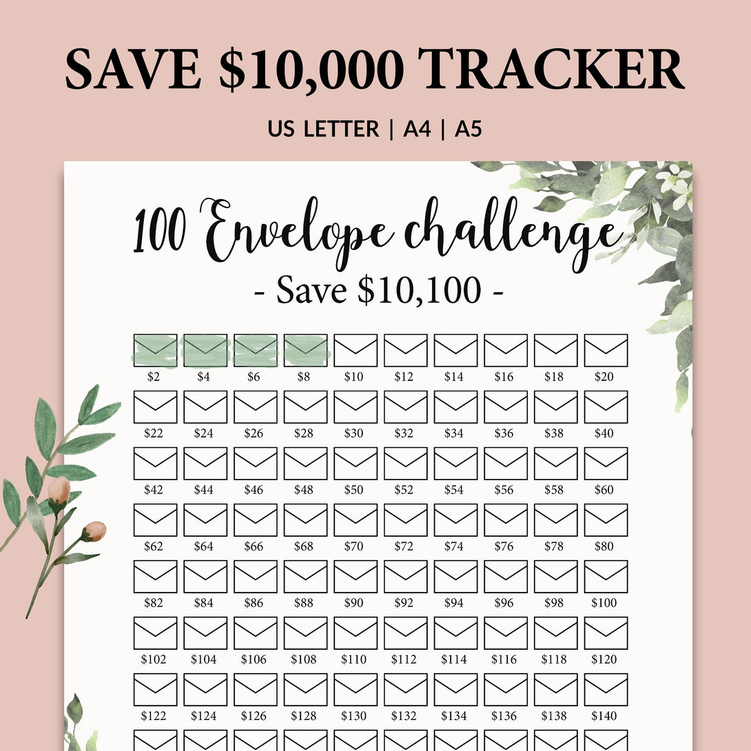 100 ENVELOPES CHALLENGE l 10,000 Saving Tracker Save 10k Printable PDF Minimalist Leaves Design l 2 Money Saving Options - Instant Download - Visley Printables