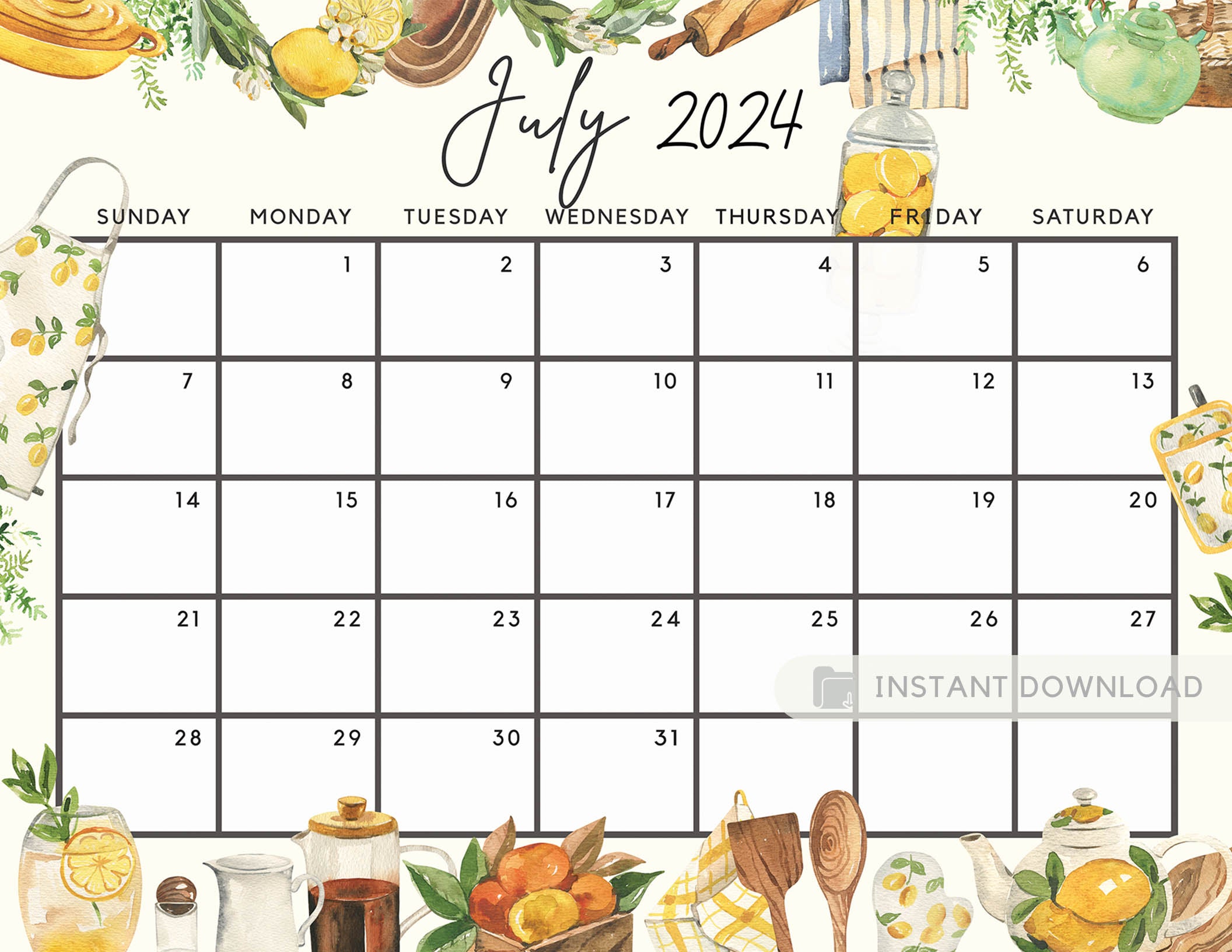 July 2024 Calendar, Cute Summer Fresh Lemon Honey Calendar July 24, Pr ...