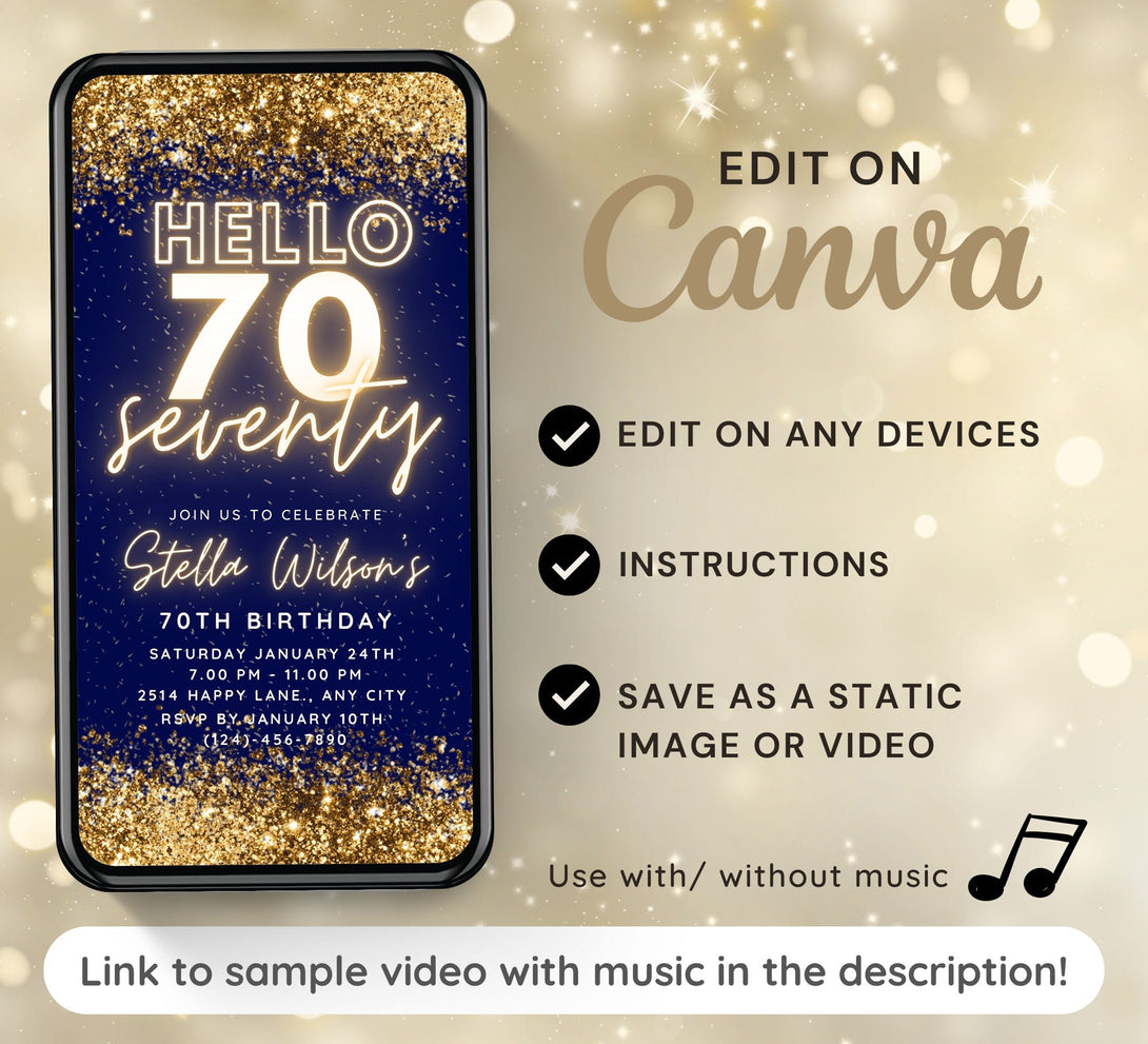 70th Seventy Birthday Party Invitation, Animated Electronic Party Invite, Editable Neon Gold on Royal Blue Navy Video Digital Template - Visley Printables