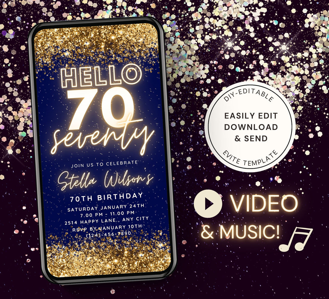 70th Seventy Birthday Party Invitation, Animated Electronic Party Invite, Editable Neon Gold on Royal Blue Navy Video Digital Template - Visley Printables
