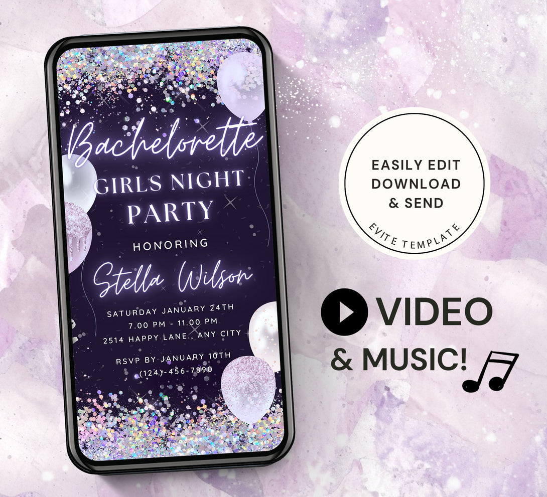 Animated Girls Night Bachelorette Party Invite Template, Glitter Bridal Birde to be Party, Editable Video Bday Invitation | Digital E-vite - Visley Printables