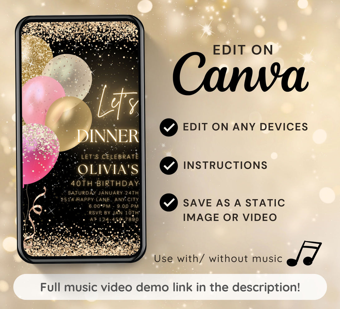 Animated Let's Dinner Invite for any Event Celebration, Editable Video Template, Birthday invitation for any Age| Digital E-vite - Visley Printables