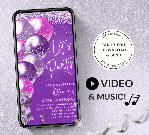 Animated Let's Party invitation, Dance Night Invite for any Event Celebration, Purple & Silver Editable Video Birthday Template - Visley Printables