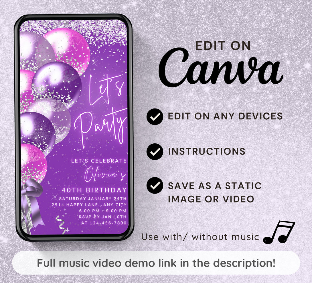 Animated Let's Party invitation, Dance Night Invite for any Event Celebration, Purple & Silver Editable Video Birthday Template - Visley Printables