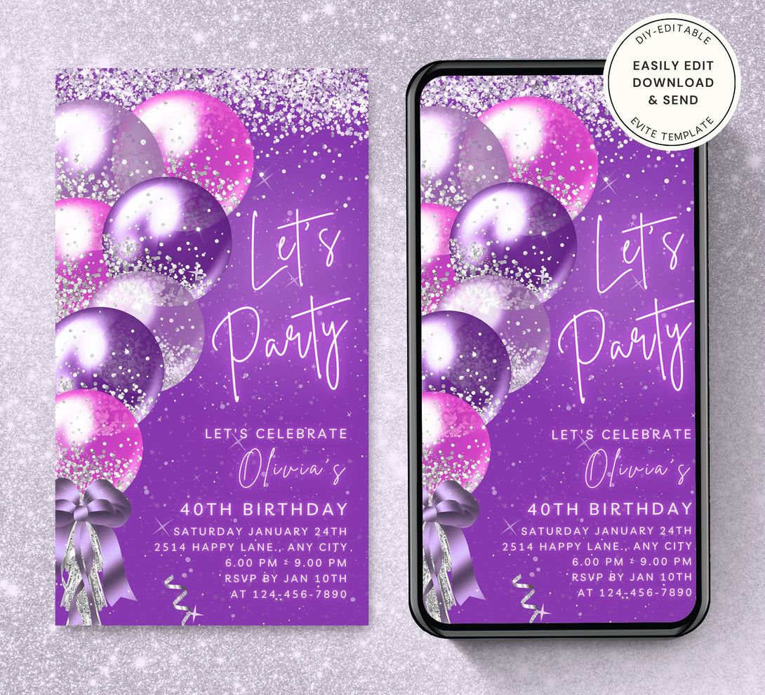 Animated Let's Party invitation, Dance Night Invite for any Event Celebration, Purple & Silver Editable Video Birthday Template - Visley Printables