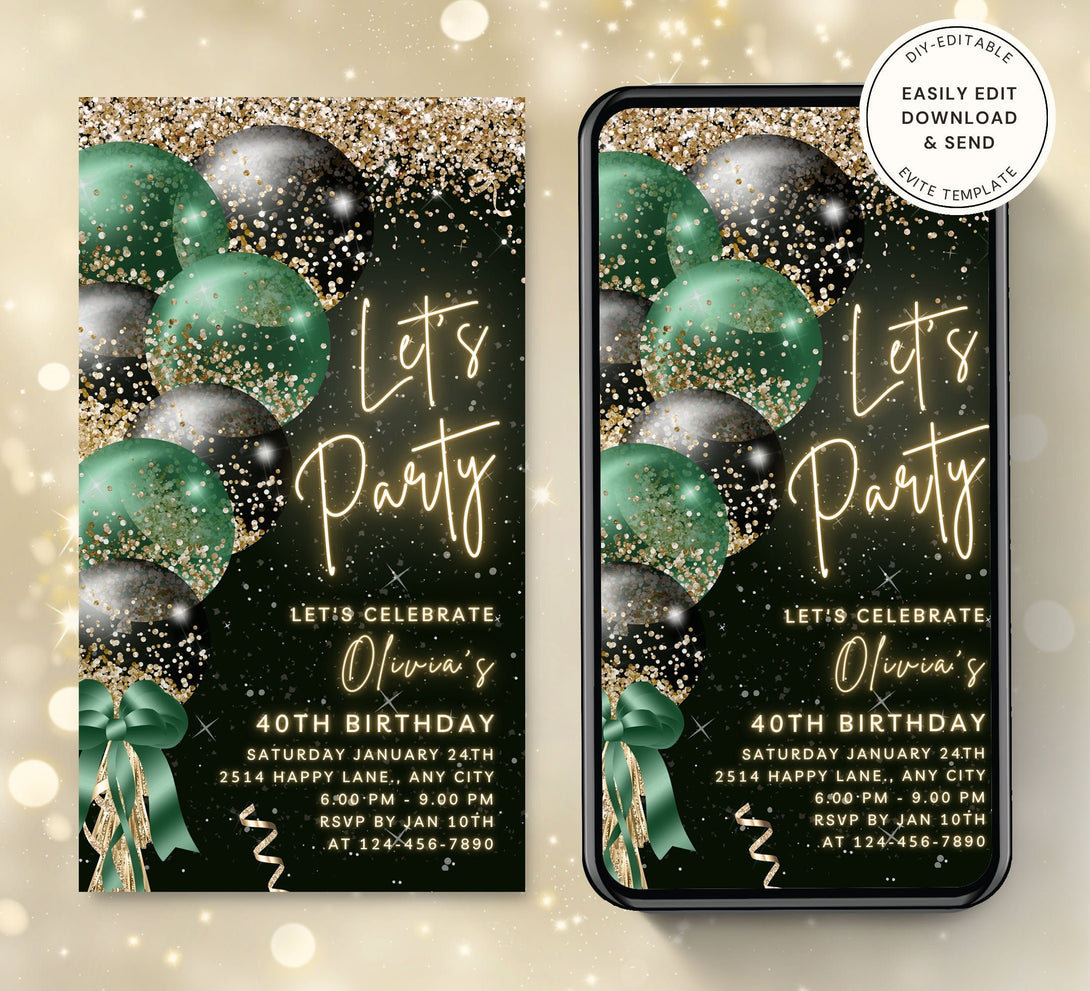 Animated Let's Party invitation, Emerald & Black Dance Night Invite for any Event Celebration, Editable Video Birthday Template - Visley Printables