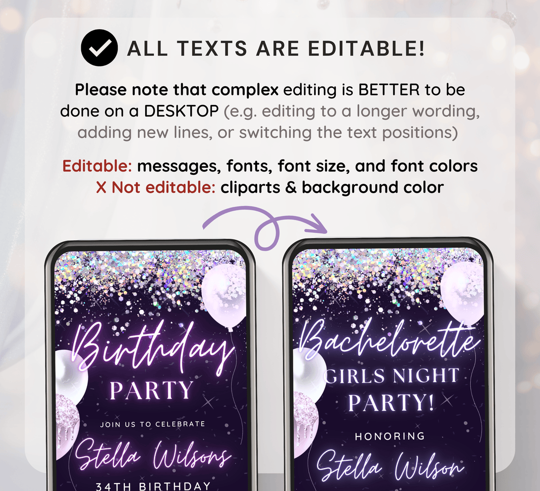 Animated Let's Party invitation, Glittery Dance Night Invite for any Event Celebration, Purple Editable Video Birthday Template - Visley Printables