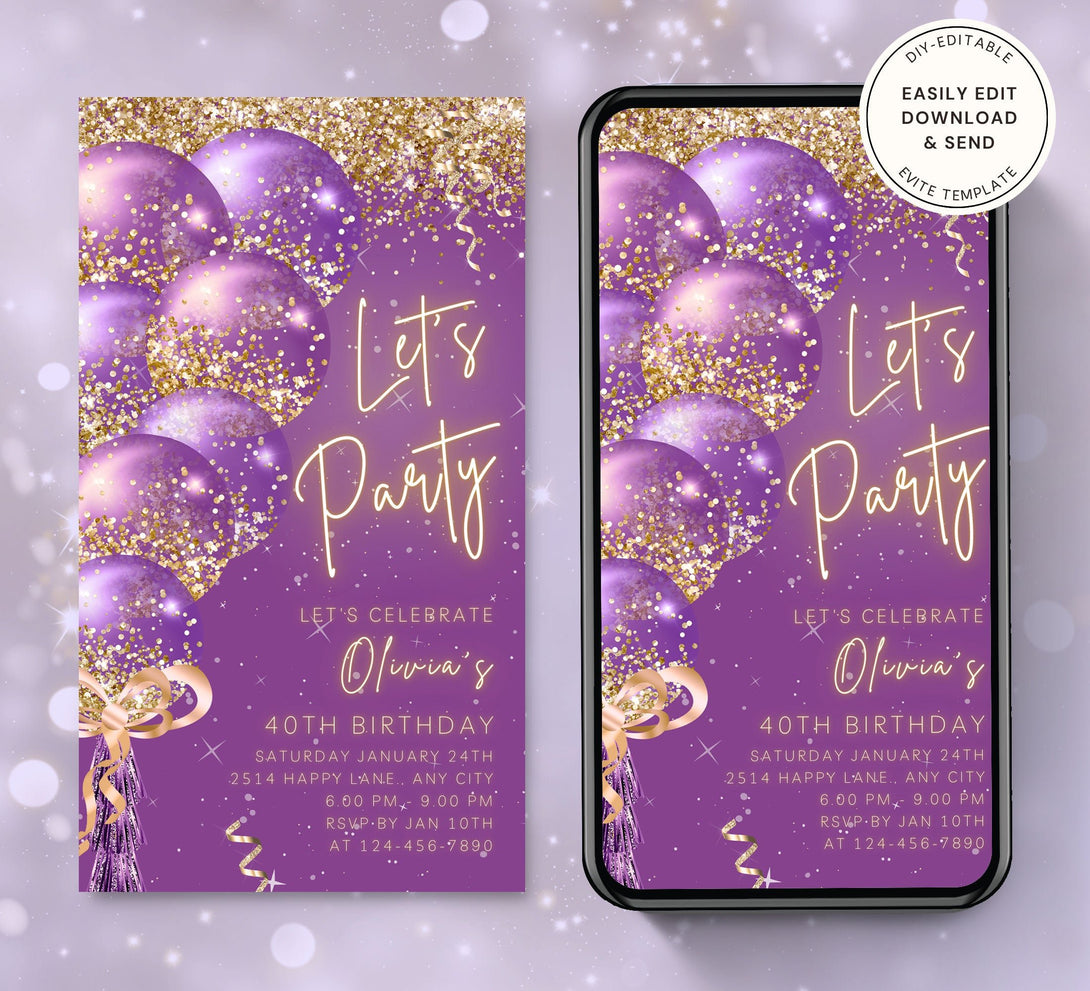 Animated Let's Party invitation, Glittery Dance Night Invite for any Event Celebration, Purple Editable Video Birthday Template - Visley Printables