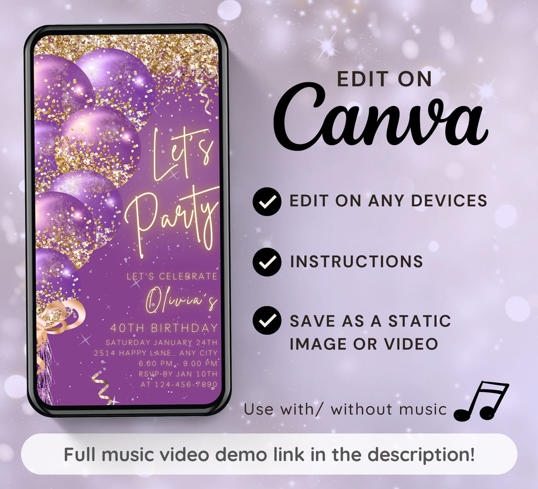 Animated Let's Party invitation, Glittery Dance Night Invite for any Event Celebration, Purple Editable Video Birthday Template - Visley Printables