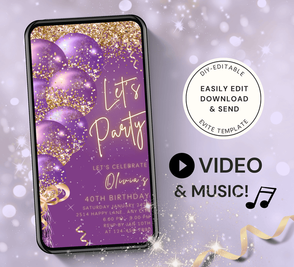 Animated Let's Party invitation, Glittery Dance Night Invite for any Event Celebration, Purple Editable Video Birthday Template - Visley Printables