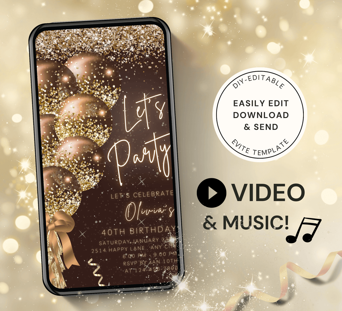 Animated Let's Party invitation, Golden Glittery Dance Night Invite for any Event Celebration, Editable Video Birthday Template - Visley Printables