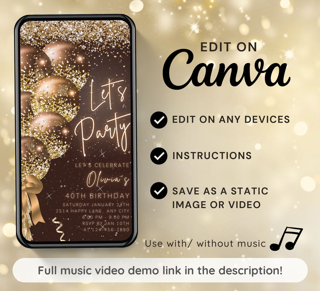 Animated Let's Party invitation, Golden Glittery Dance Night Invite for any Event Celebration, Editable Video Birthday Template - Visley Printables