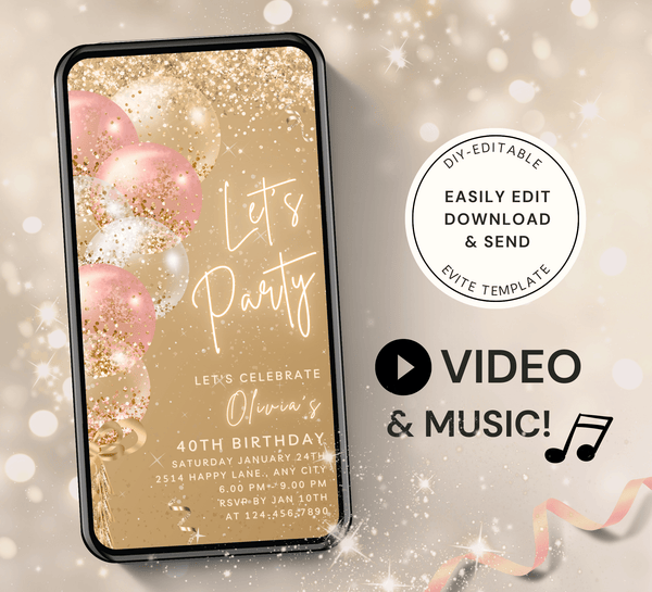 Animated Let's Party invitation, Golden Pink Glittery Dance Night Invite for any Event Celebration, Editable Video Birthday Template - Visley Printables