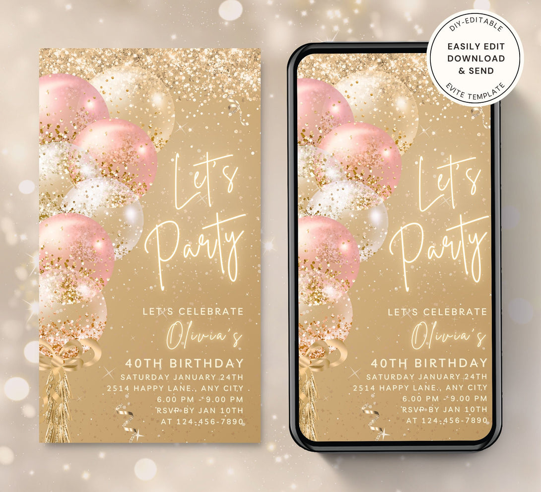 Animated Let's Party invitation, Golden Pink Glittery Dance Night Invite for any Event Celebration, Editable Video Birthday Template - Visley Printables