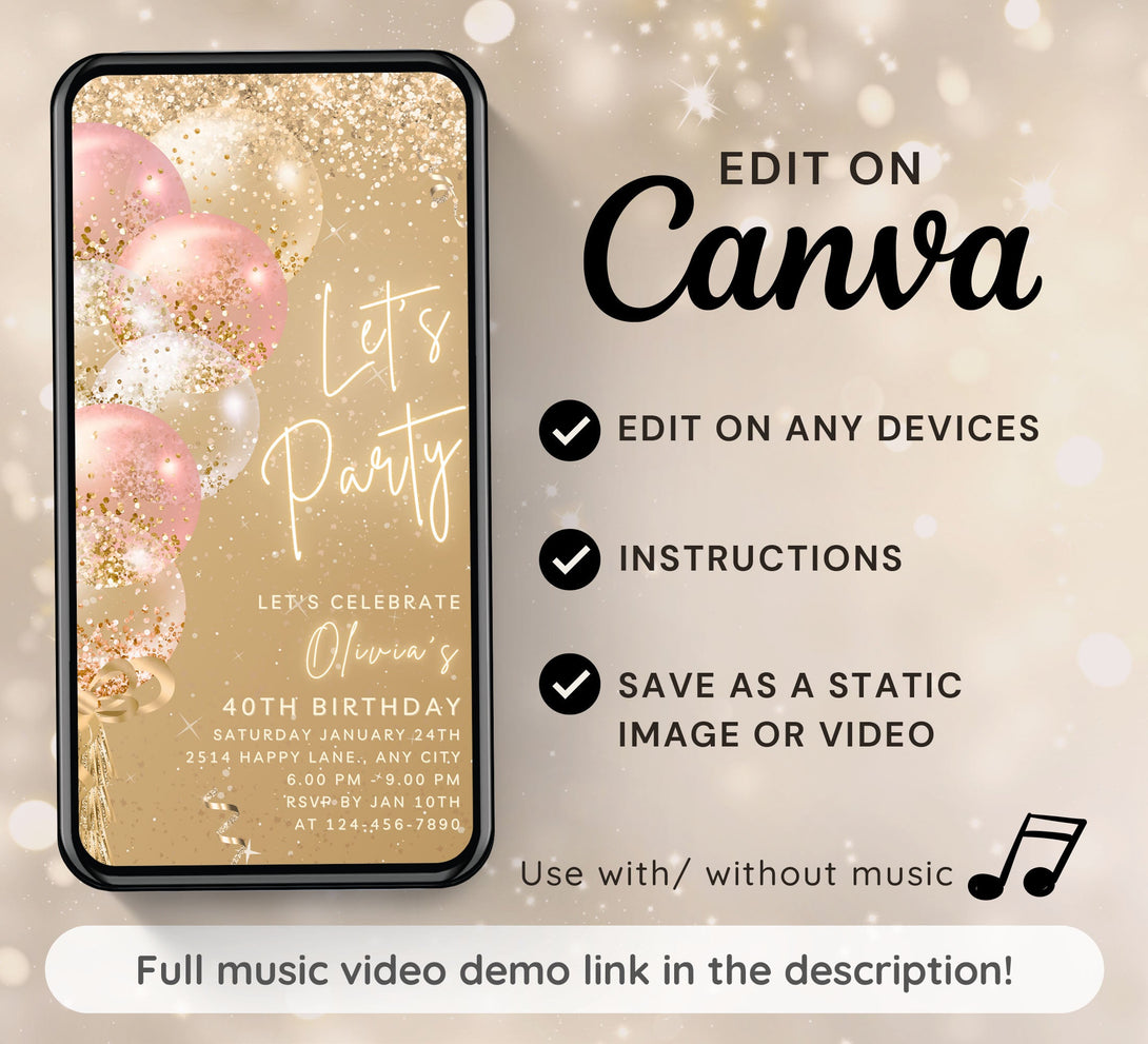 Animated Let's Party invitation, Golden Pink Glittery Dance Night Invite for any Event Celebration, Editable Video Birthday Template - Visley Printables