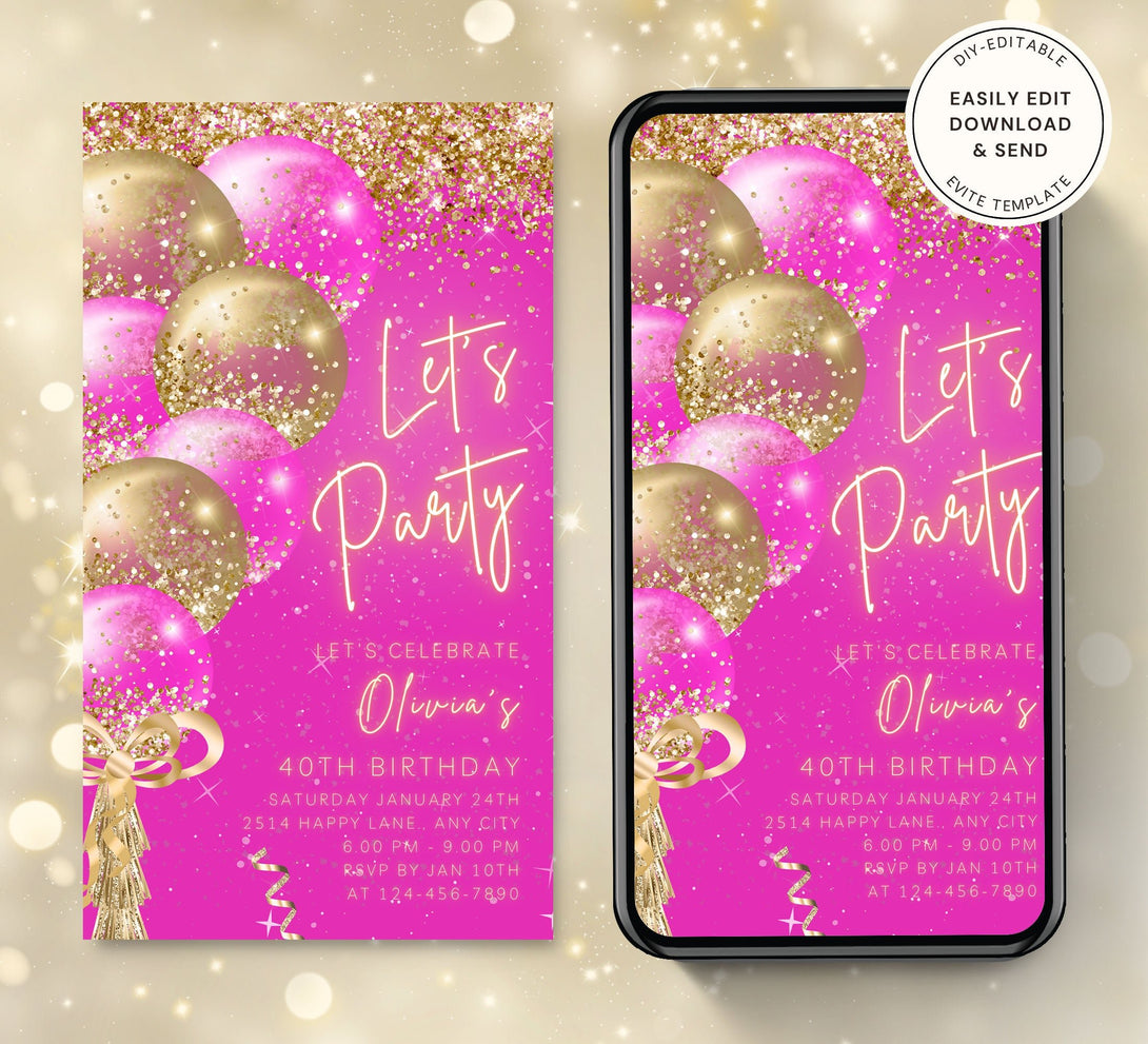 Animated Let's Party invitation, Hot Pink & Gold Dance Night Invite for any Event Celebration, Editable Video Birthday Template - Visley Printables