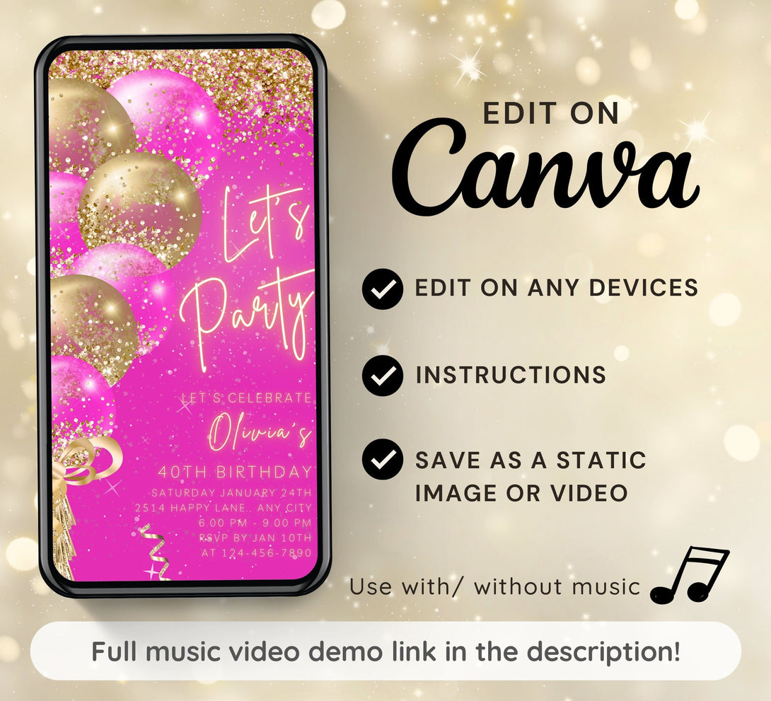 Animated Let's Party invitation, Hot Pink & Gold Dance Night Invite for any Event Celebration, Editable Video Birthday Template - Visley Printables