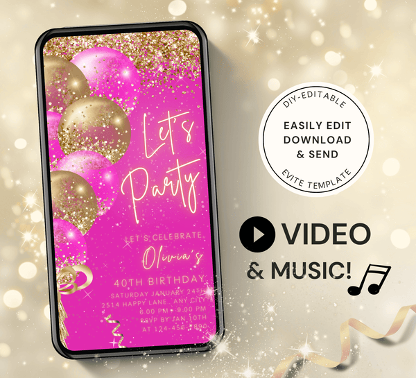 Animated Let's Party invitation, Hot Pink & Gold Dance Night Invite for any Event Celebration, Editable Video Birthday Template - Visley Printables