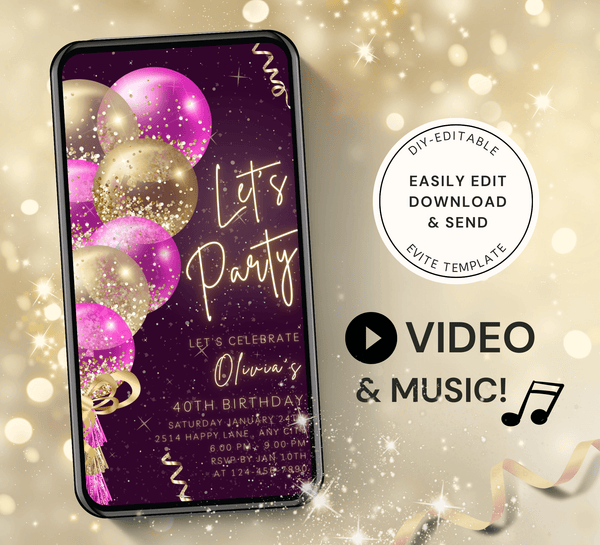 Animated Let's Party invitation, Pink Golden Dance Night Invite for any Event Celebration, Editable Video Birthday Template - Visley Printables
