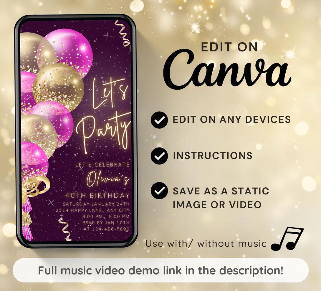 Animated Let's Party invitation, Pink Golden Dance Night Invite for any Event Celebration, Editable Video Birthday Template - Visley Printables