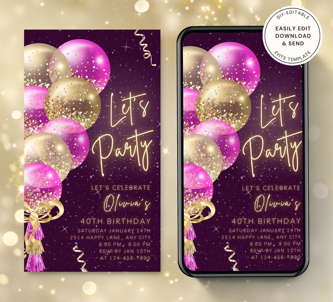 Animated Let's Party invitation, Pink Golden Dance Night Invite for any Event Celebration, Editable Video Birthday Template - Visley Printables