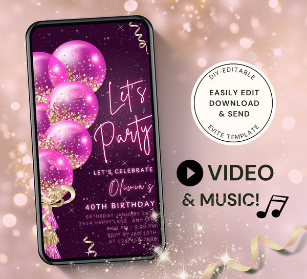 Animated Let's Party invitation, Pink on Black Dance Night Invite for any Event Celebration, Editable Video Birthday Template - Visley Printables