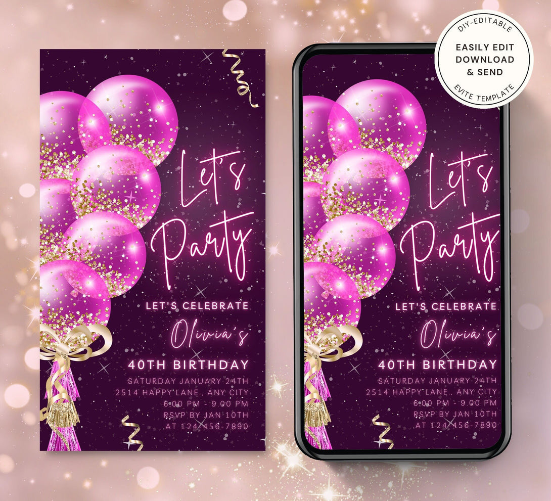 Animated Let's Party invitation, Pink on Black Dance Night Invite for any Event Celebration, Editable Video Birthday Template - Visley Printables