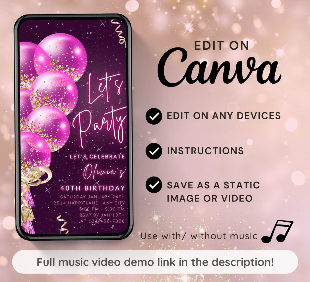 Animated Let's Party invitation, Pink on Black Dance Night Invite for any Event Celebration, Editable Video Birthday Template - Visley Printables