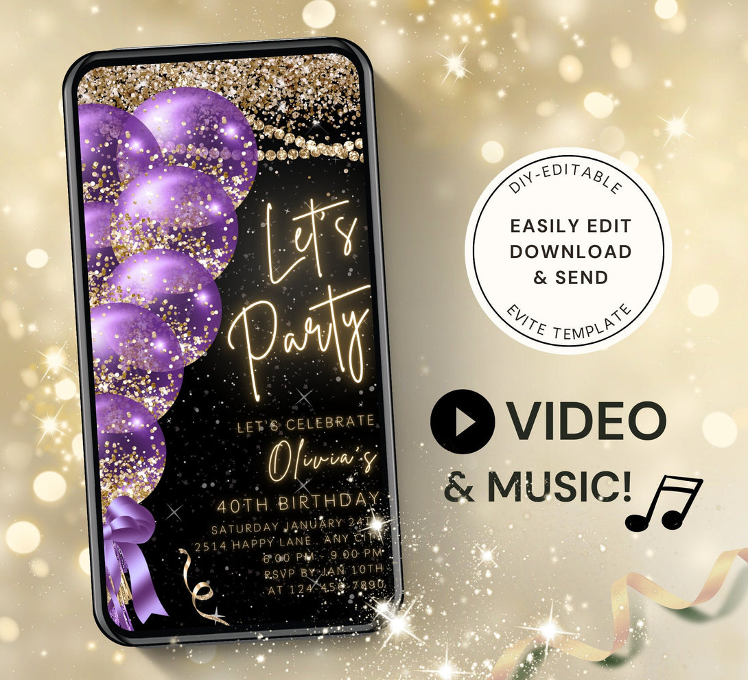 Animated Let's Party invitation, Purple Glittery Dance Night Invite for any Event Celebration, Editable Video Birthday Template - Visley Printables