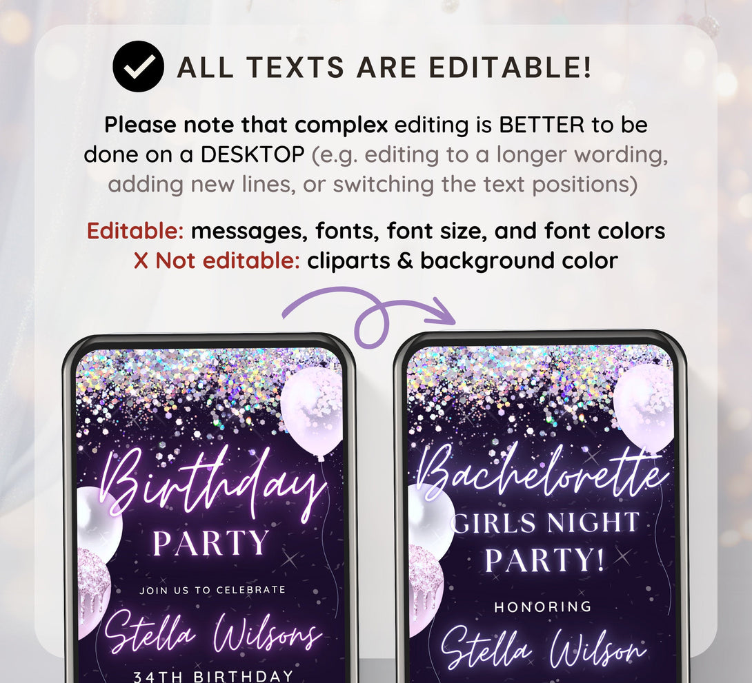 Animated Let's Party invitation, Purple Glittery Dance Night Invite for any Event Celebration, Editable Video Birthday Template - Visley Printables