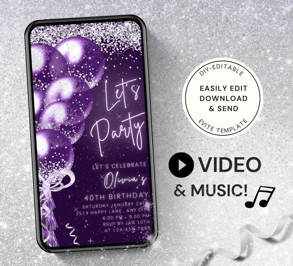 Animated Let's Party invitation, Purple & Silver Dance Night Invite for any Event Celebration, Editable Video Birthday Template - Visley Printables