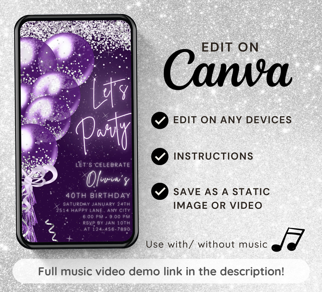 Animated Let's Party invitation, Purple & Silver Dance Night Invite for any Event Celebration, Editable Video Birthday Template - Visley Printables