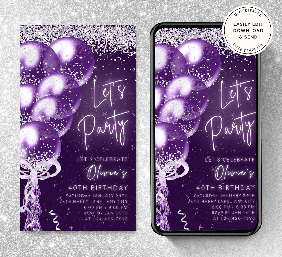 Animated Let's Party invitation, Purple & Silver Dance Night Invite for any Event Celebration, Editable Video Birthday Template - Visley Printables