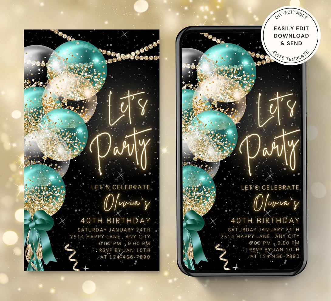 Animated Let's Party invitation, Turquoise Glittery Dance Night Invite for any Event Celebration, Editable Video Birthday Template - Visley Printables