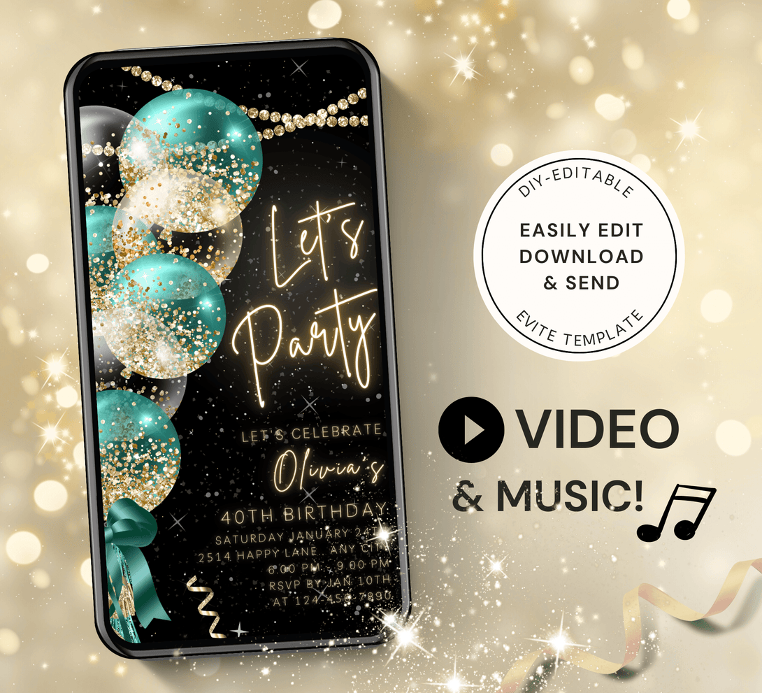 Animated Let's Party invitation, Turquoise Glittery Dance Night Invite for any Event Celebration, Editable Video Birthday Template - Visley Printables