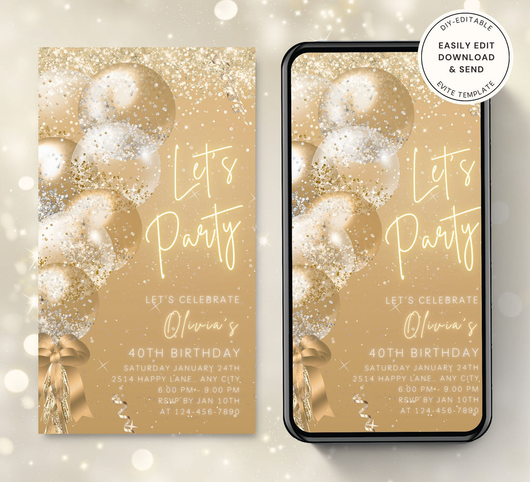 Animated Let's Party invitation, White Gold Glittery Dance Night Invite for any Event Celebration, Editable Video Birthday Template - Visley Printables