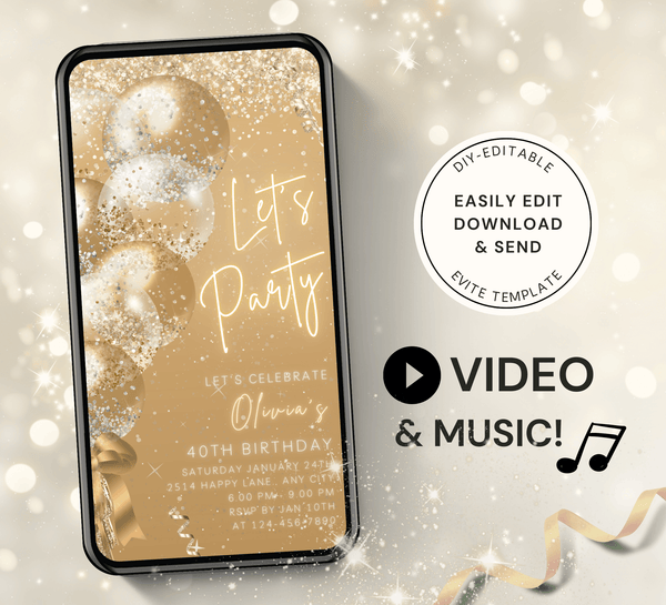 Animated Let's Party invitation, White Gold Glittery Dance Night Invite for any Event Celebration, Editable Video Birthday Template - Visley Printables