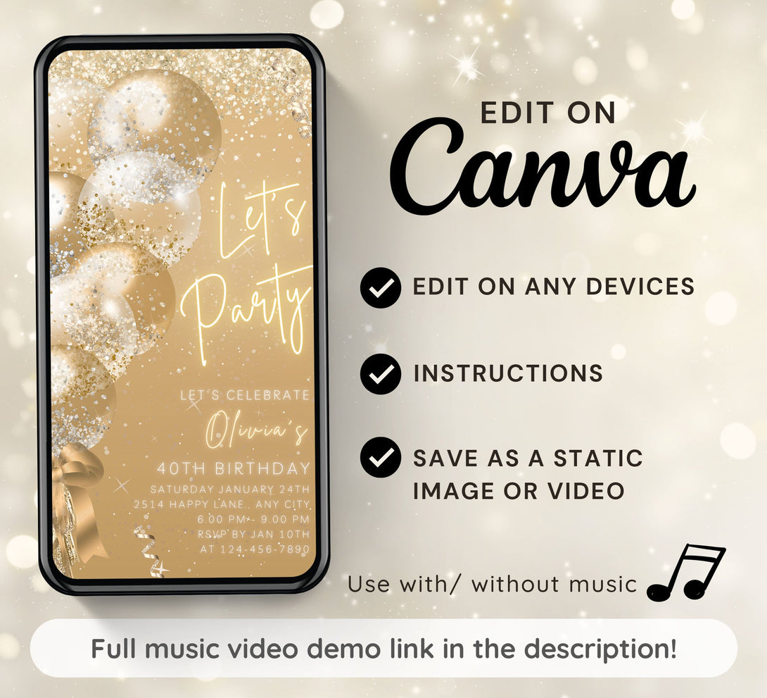 Animated Let's Party invitation, White Gold Glittery Dance Night Invite for any Event Celebration, Editable Video Birthday Template - Visley Printables