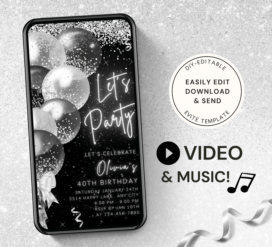 Animated Let's Party Invite for any Event Celebration, Editable Video Template, Birthday invitation for any Age | Black & Silver E-vite - Visley Printables