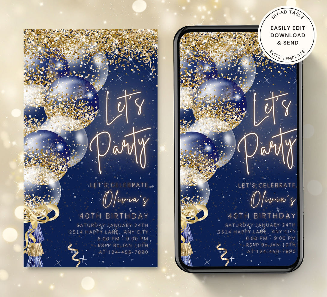 Animated Let's Party Invite for any Event Celebration, Editable Video Template, Birthday invitation for any Age | Blue Navy & Gold E-vite - Visley Printables