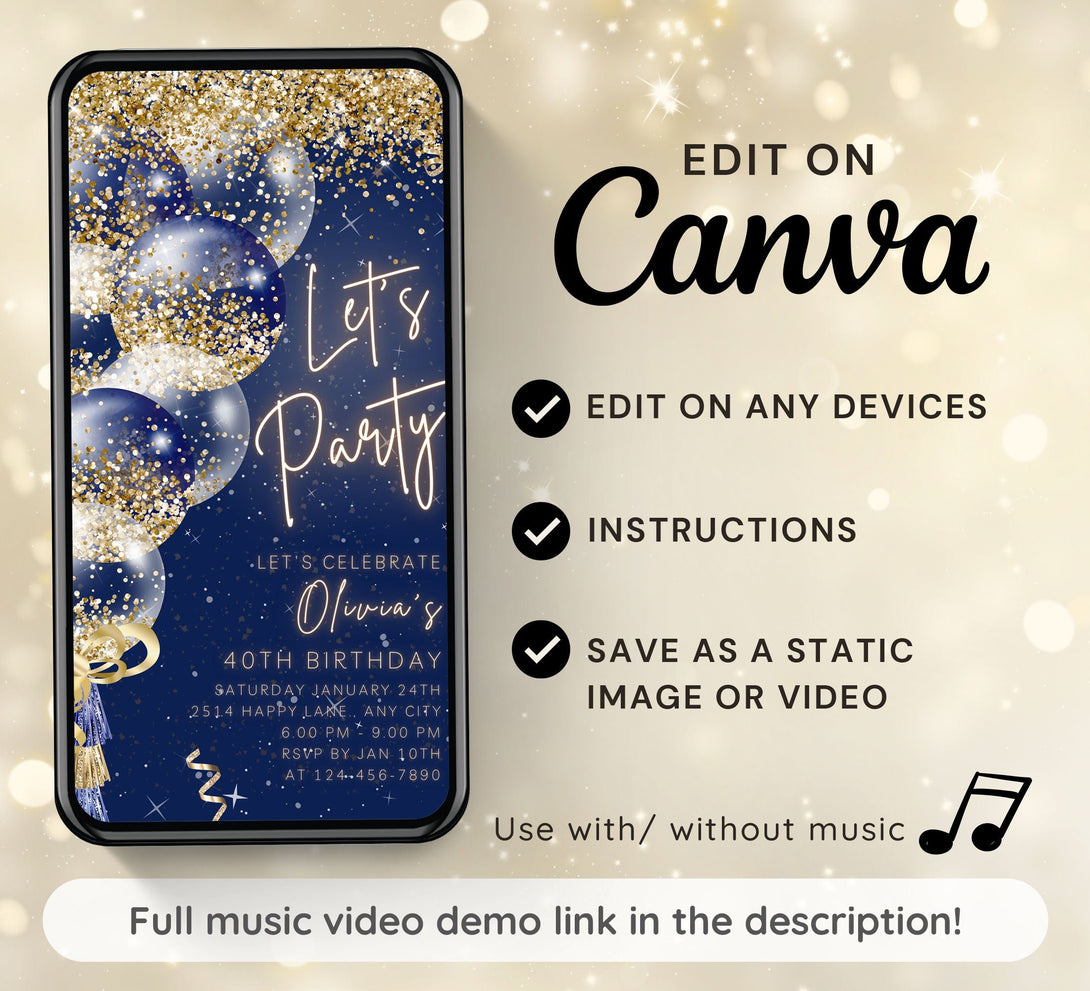 Animated Let's Party Invite for any Event Celebration, Editable Video Template, Birthday invitation for any Age | Blue Navy & Gold E-vite - Visley Printables