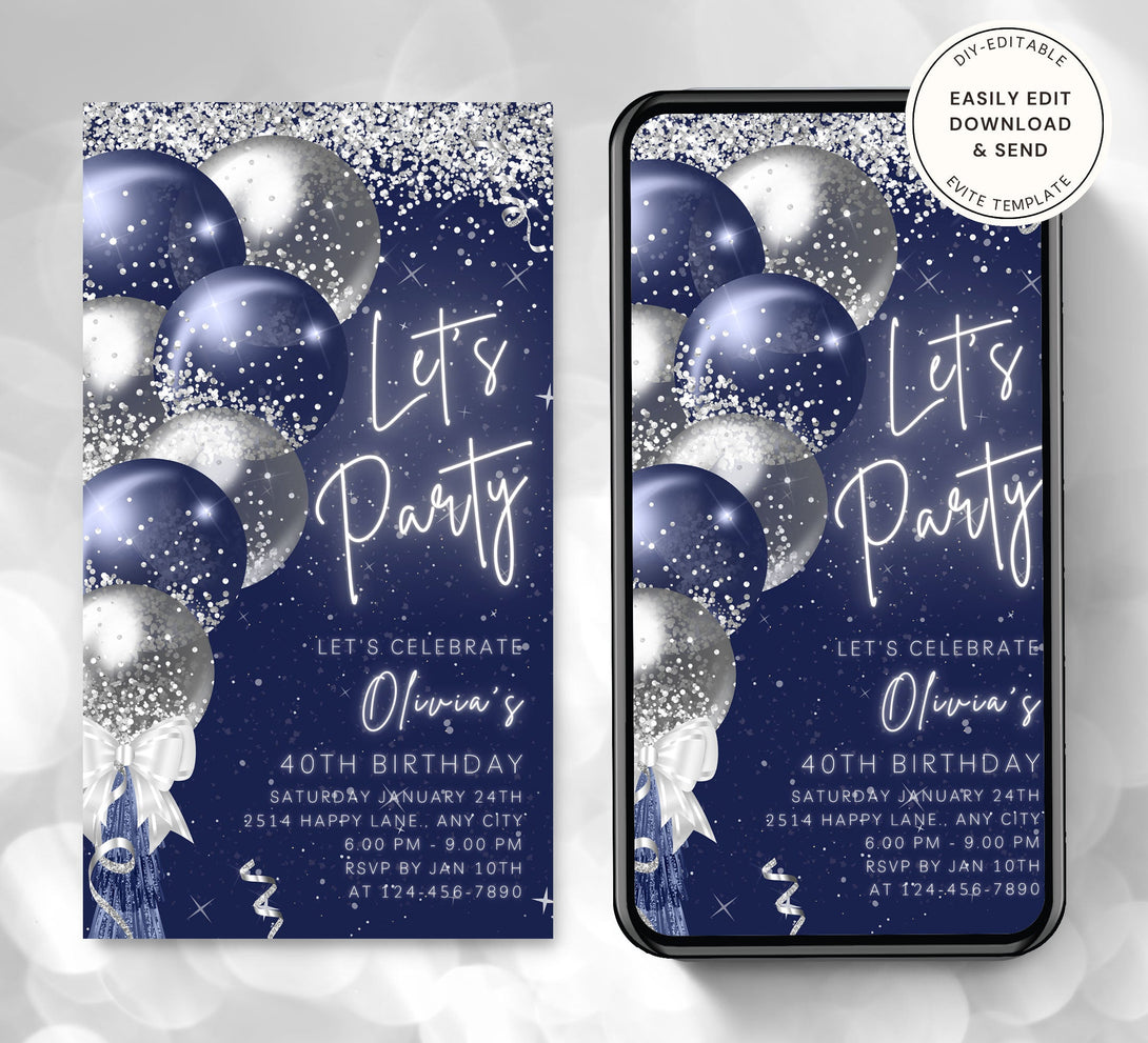 Animated Let's Party Invite for any Event Celebration, Editable Video Template, Birthday invitation for any Age | Blue Silver E-vite - Visley Printables
