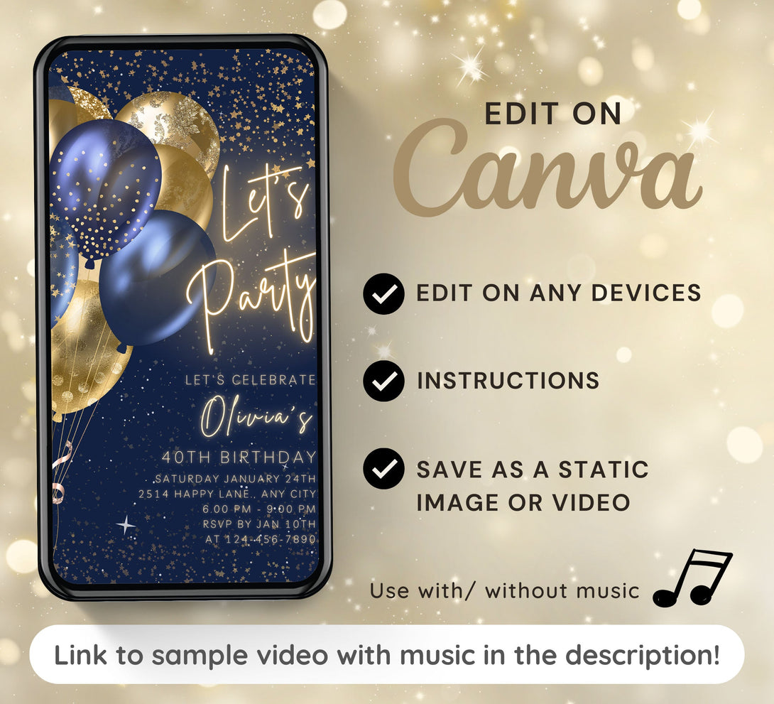 Animated Let's Party Invite for any Event Celebration, Editable Video Template, Birthday invitation for any Age | Golden & Blue E-vite - Visley Printables